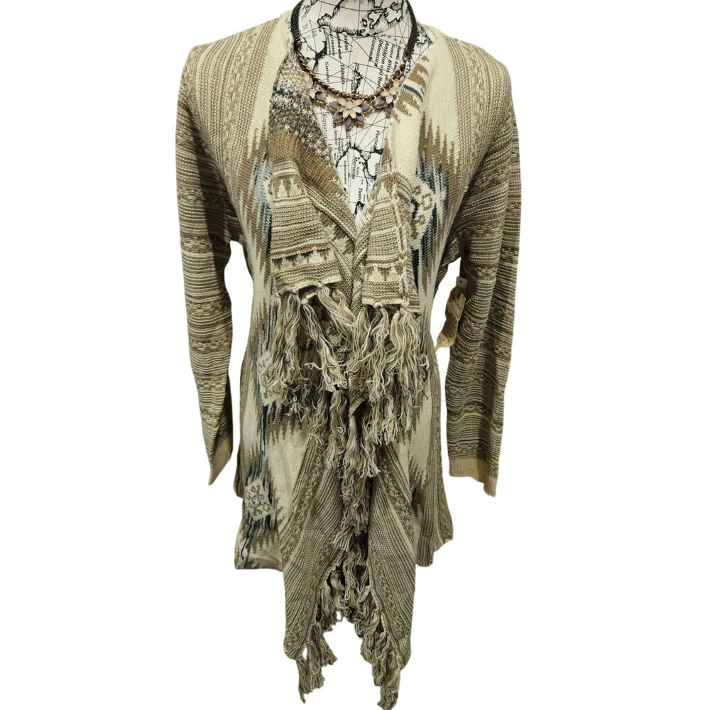 One world knit boho cardigan xxl 2xl fringe tassle western Aztec earthy neutral